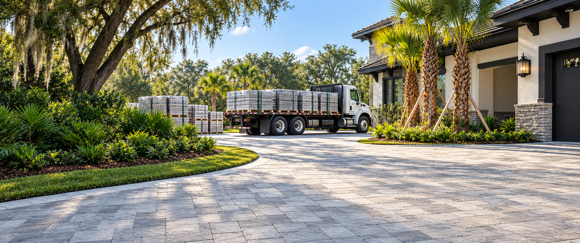 Paver delivery truck carrying wrapped pallets on a finished Florida paver driveway